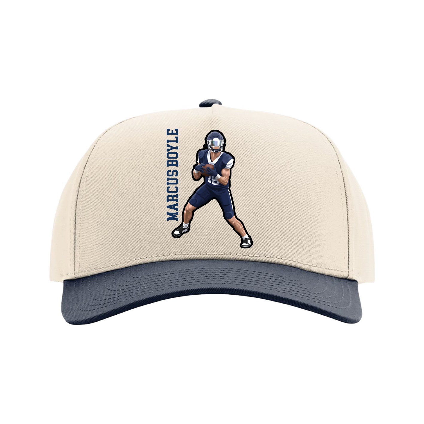 Full Fabric Five-Panel Champ Cap — Name Vertical in Cream/Navy