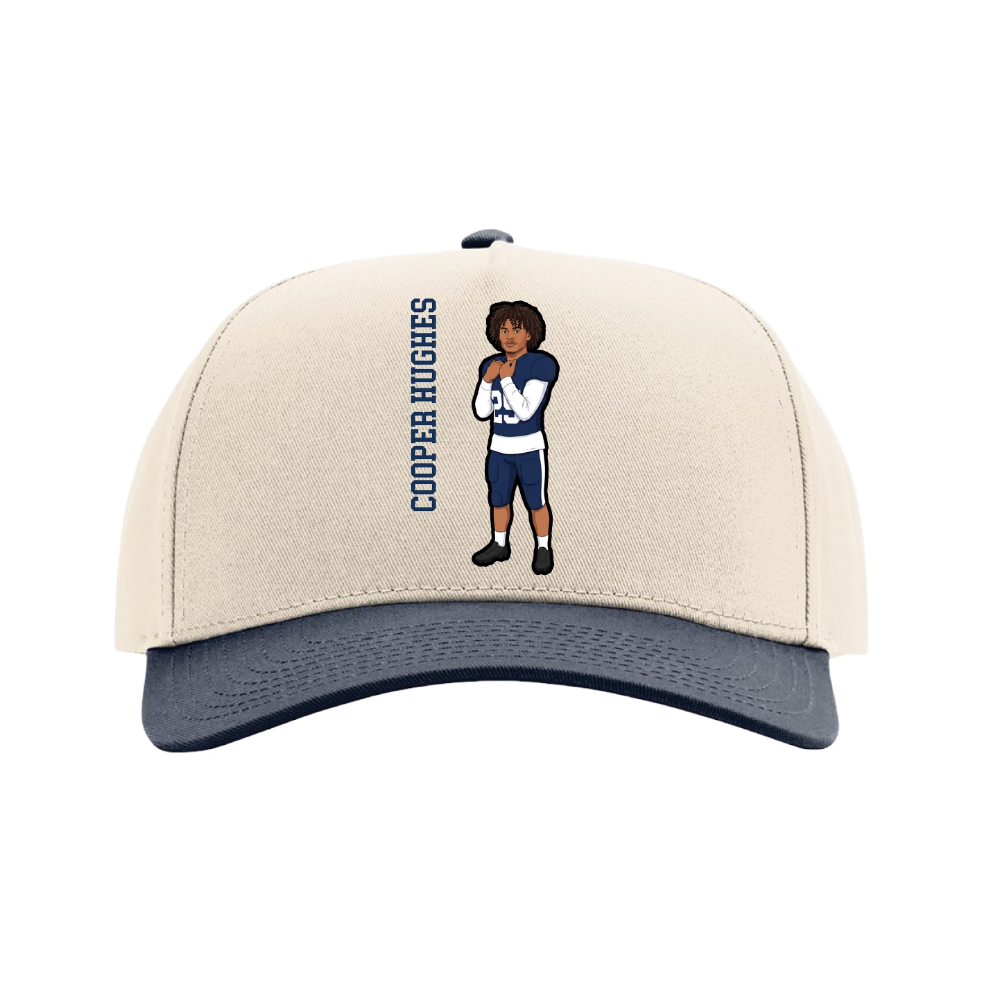 Full Fabric Five-Panel Champ Cap — Name Vertical in Cream/Navy