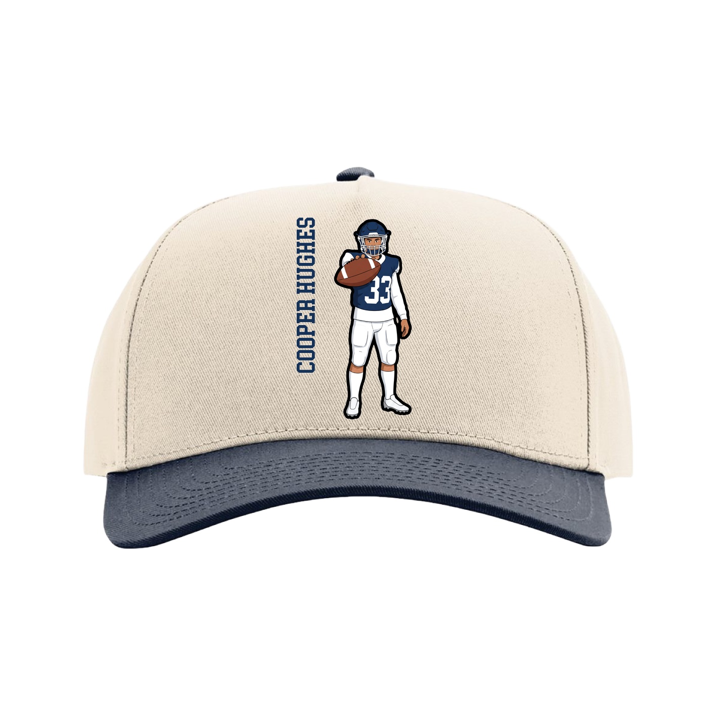 Full Fabric Five-Panel Champ Cap — Name Vertical in Cream/Navy