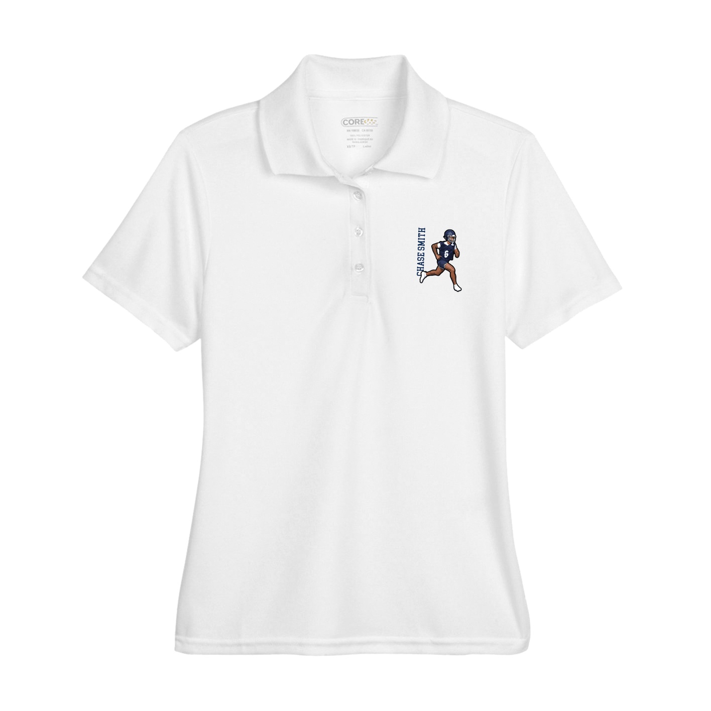 Womens Performance Polo — Name Vertical in White