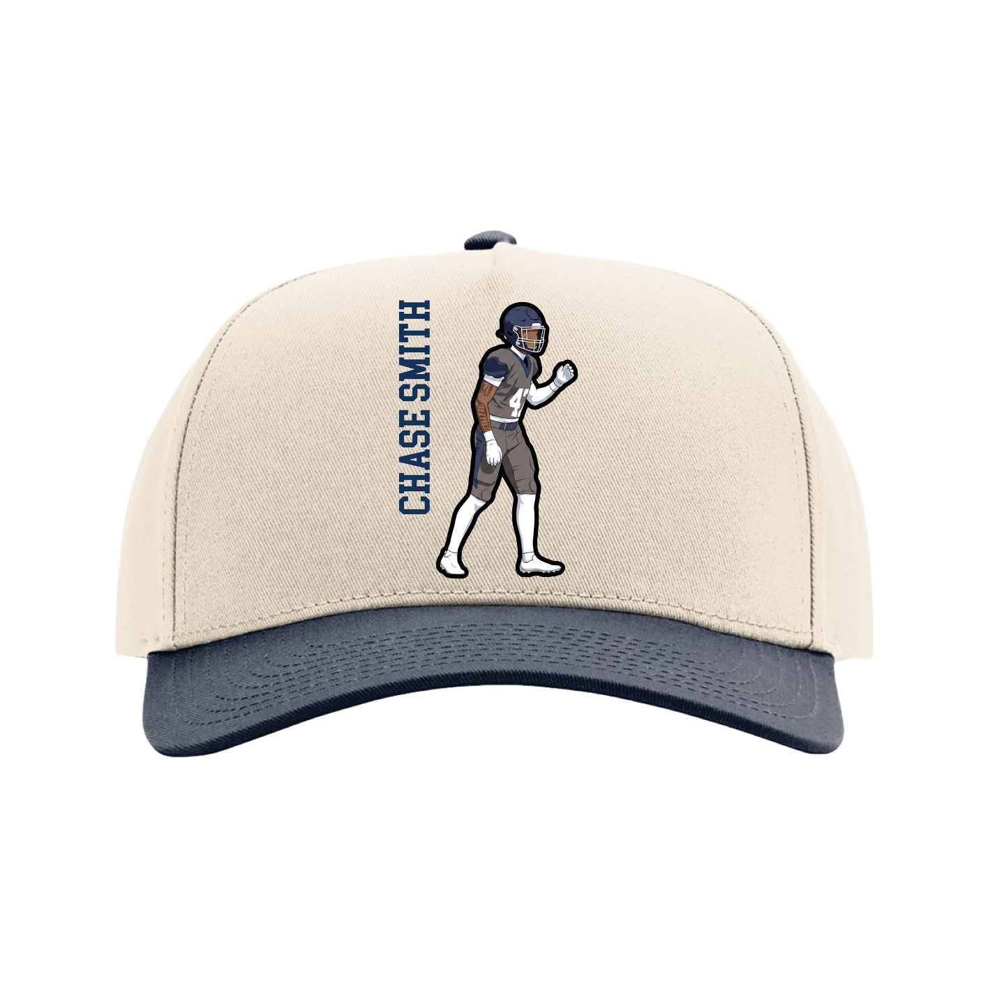 Full Fabric Five-Panel Champ Cap — Name Vertical in Cream/Navy
