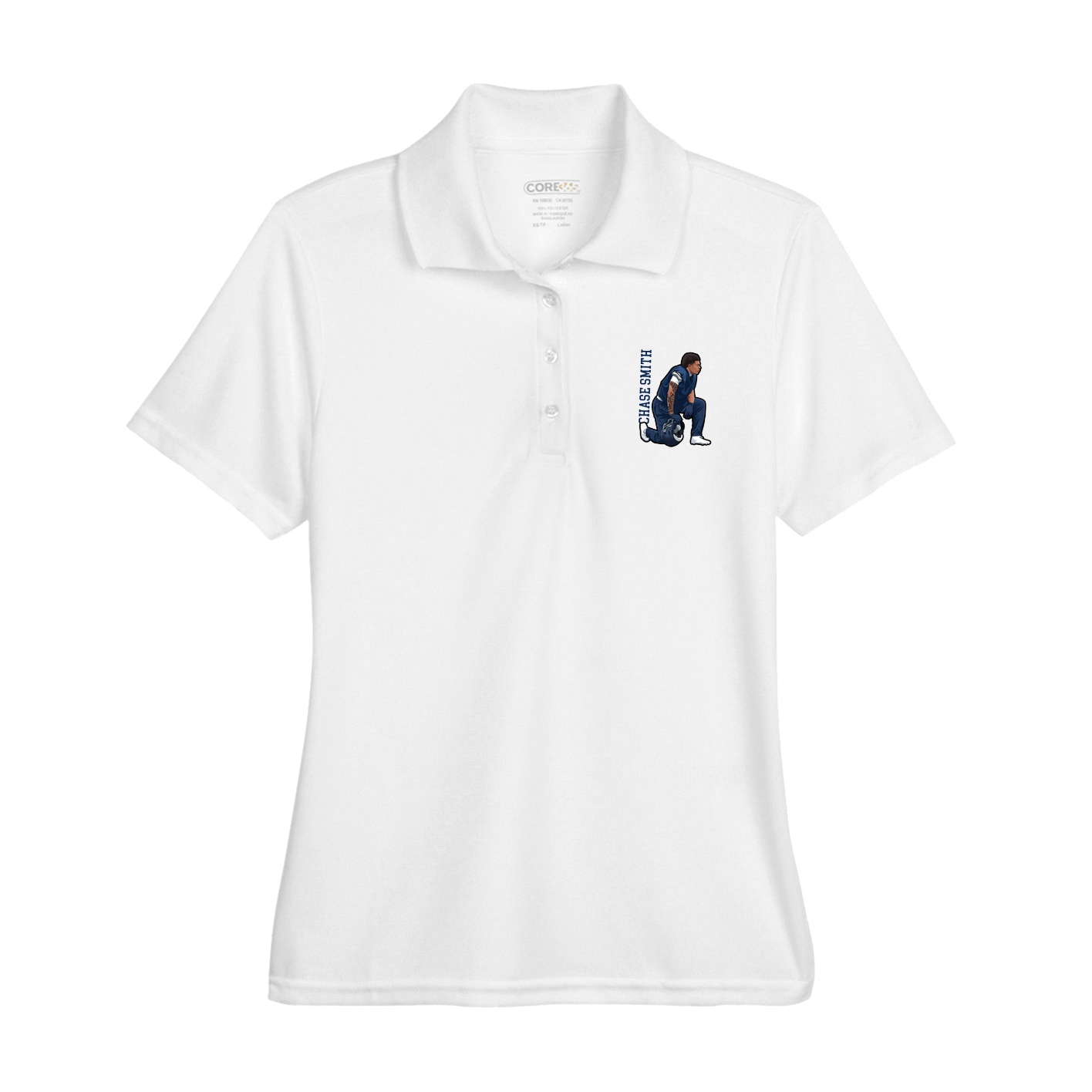 Womens Performance Polo — Name Vertical in White