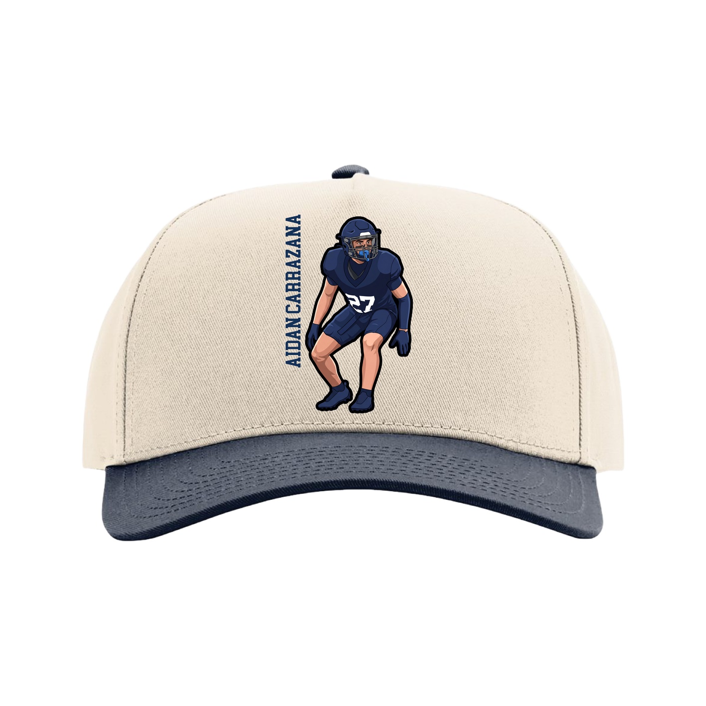 Full Fabric Five-Panel Champ Cap — Name Vertical in Cream/Navy