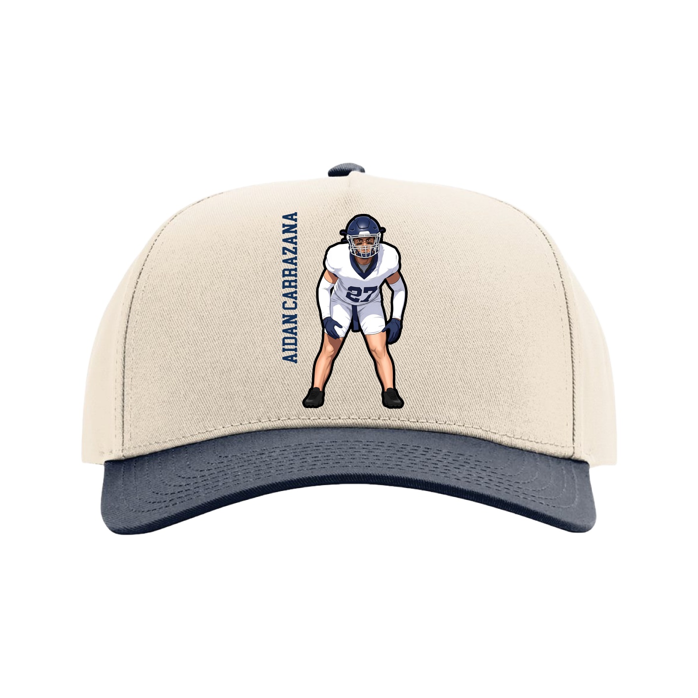Full Fabric Five-Panel Champ Cap — Name Vertical in Cream/Navy