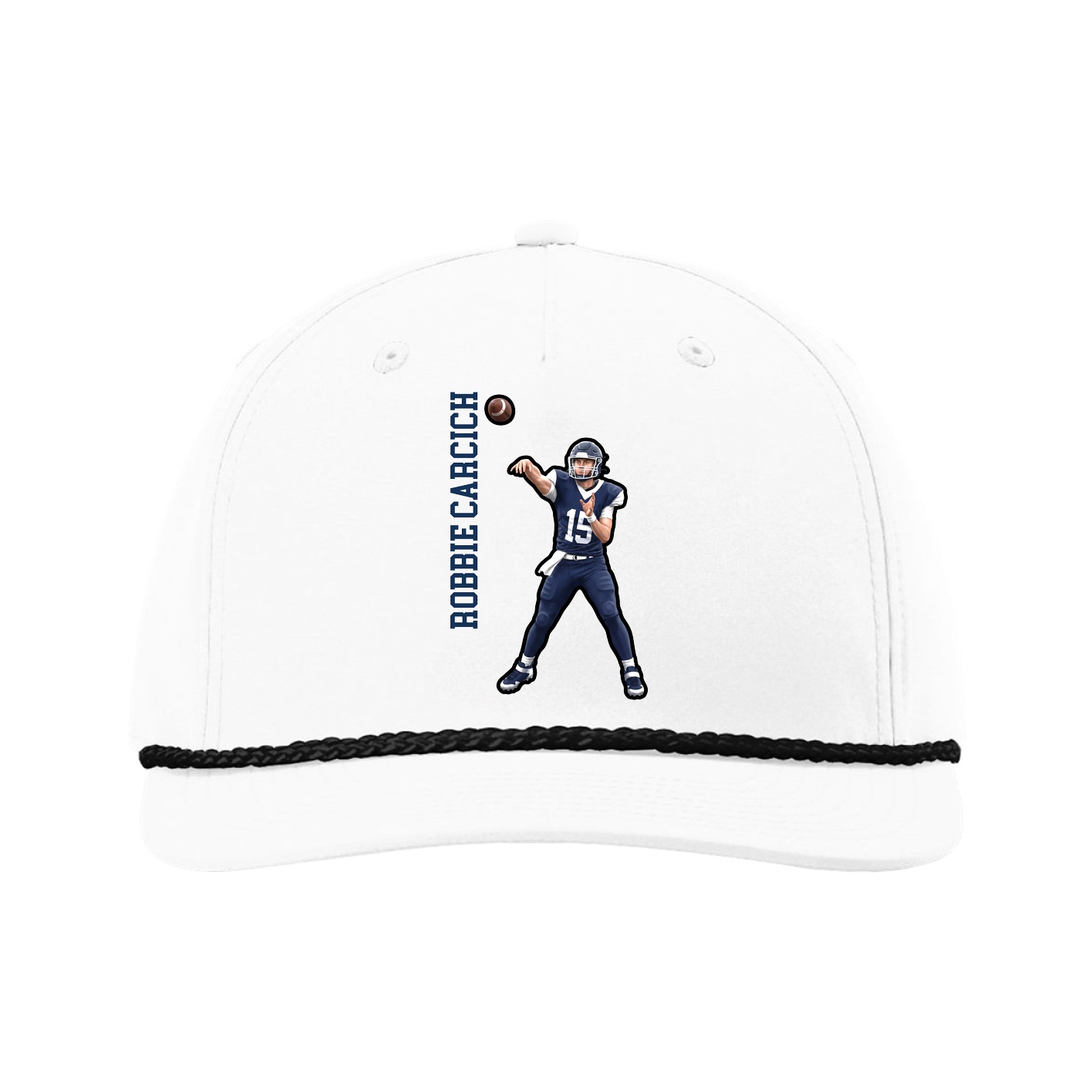 Five-Panel Classic Rope Cap — Name Vertical in White