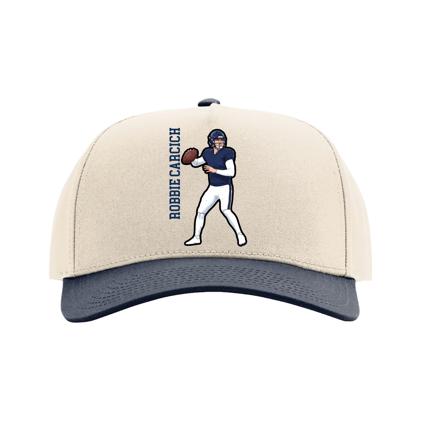 Full Fabric Five-Panel Champ Cap — Name Vertical in Cream/Navy