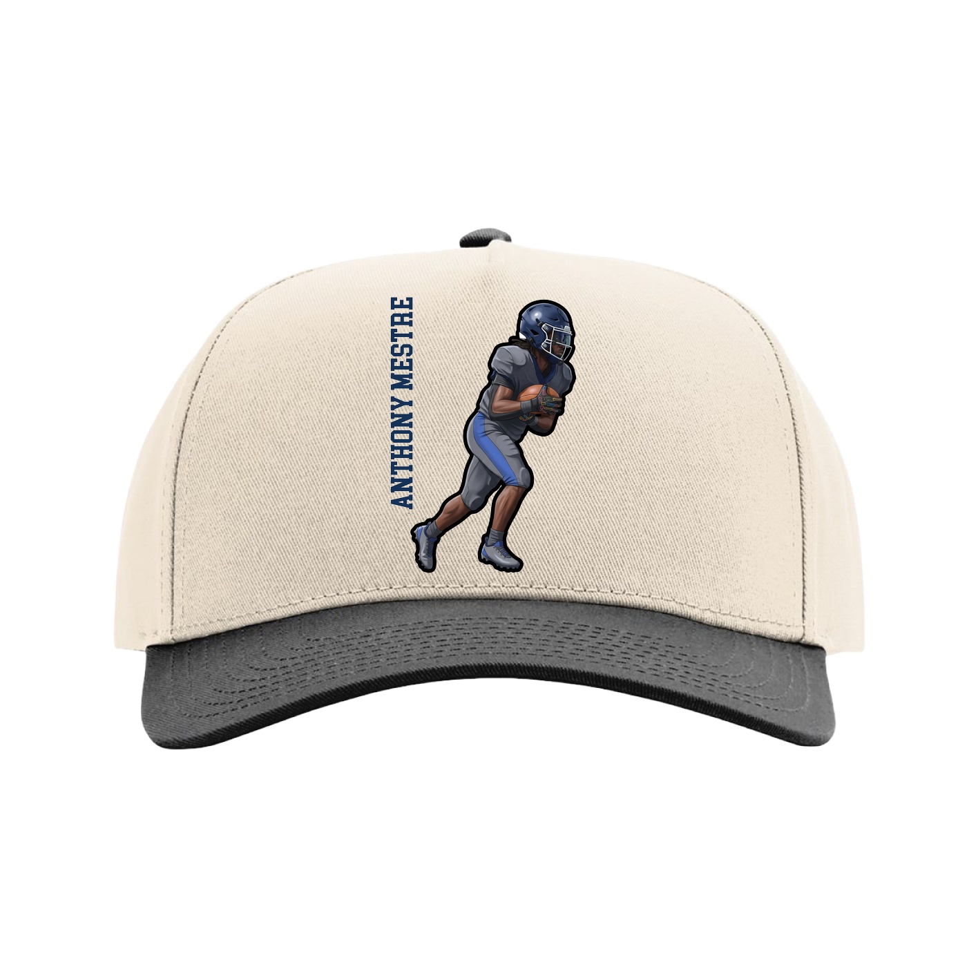 Full Fabric Five-Panel Champ Cap — Name Vertical in Cream/Black