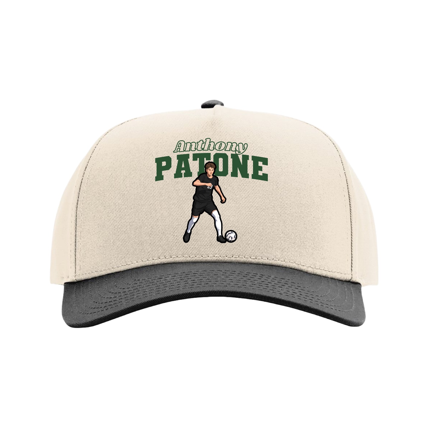Full Fabric Five-Panel Champ Cap — Name Arch in Cream/Black