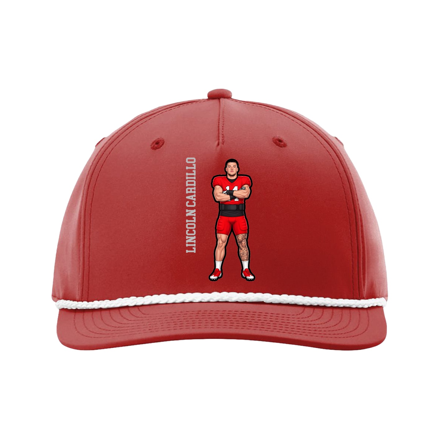 Five-Panel Classic Rope Cap — Name Vertical in Red