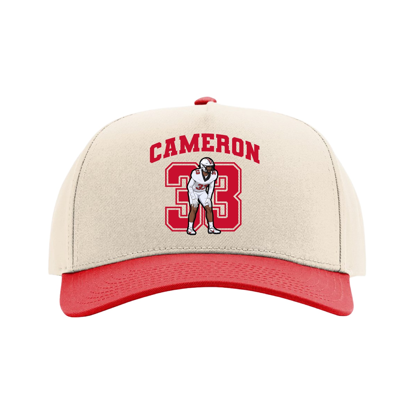 Full Fabric Five-Panel Champ Cap — Number in Cream/Red