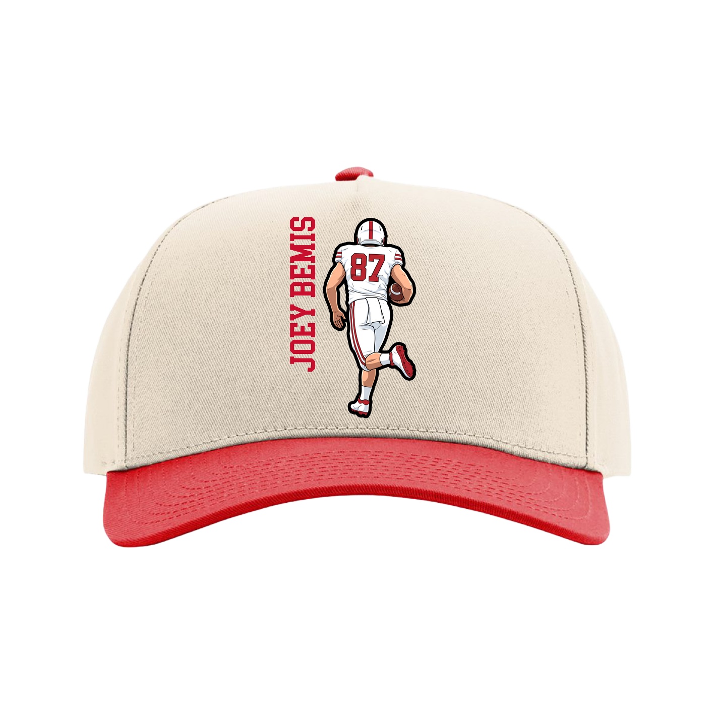 Full Fabric Five-Panel Champ Cap — Name Vertical in Cream/Red