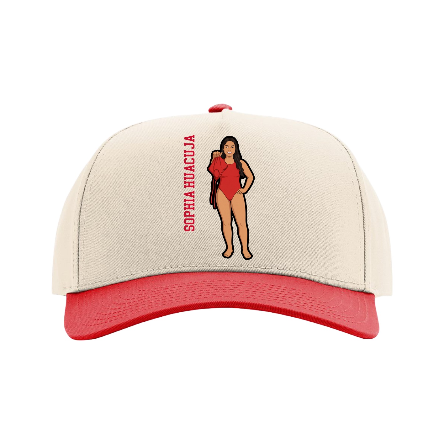 Full Fabric Five-Panel Champ Cap — Name Vertical in Cream/Red
