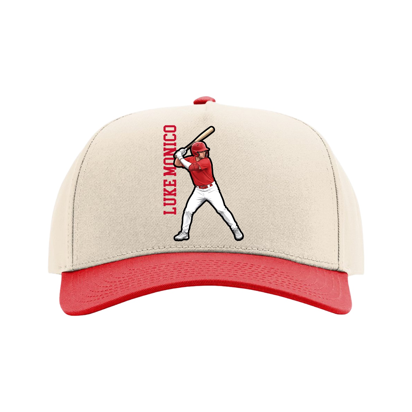 Full Fabric Five-Panel Champ Cap — Name Vertical in Cream/Red