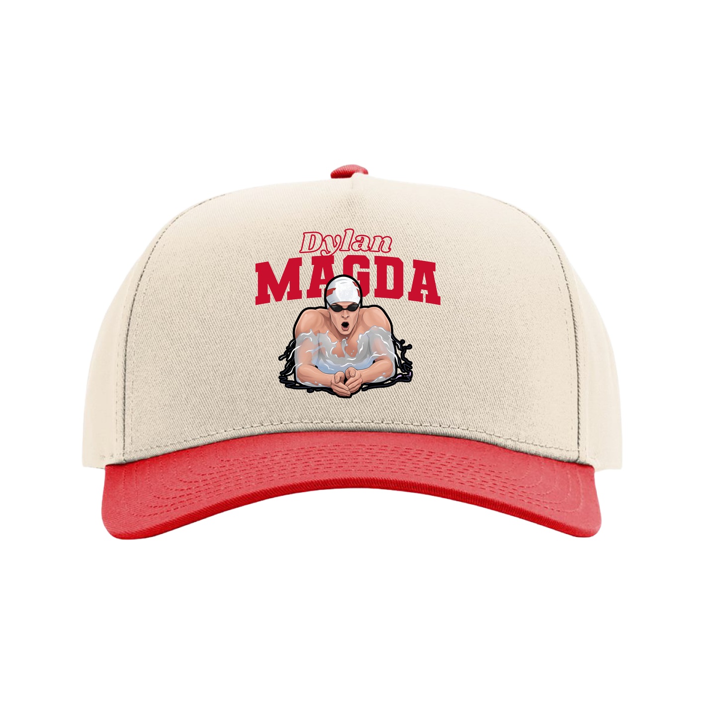 Full Fabric Five-Panel Champ Cap — Name Arch in Cream/Red