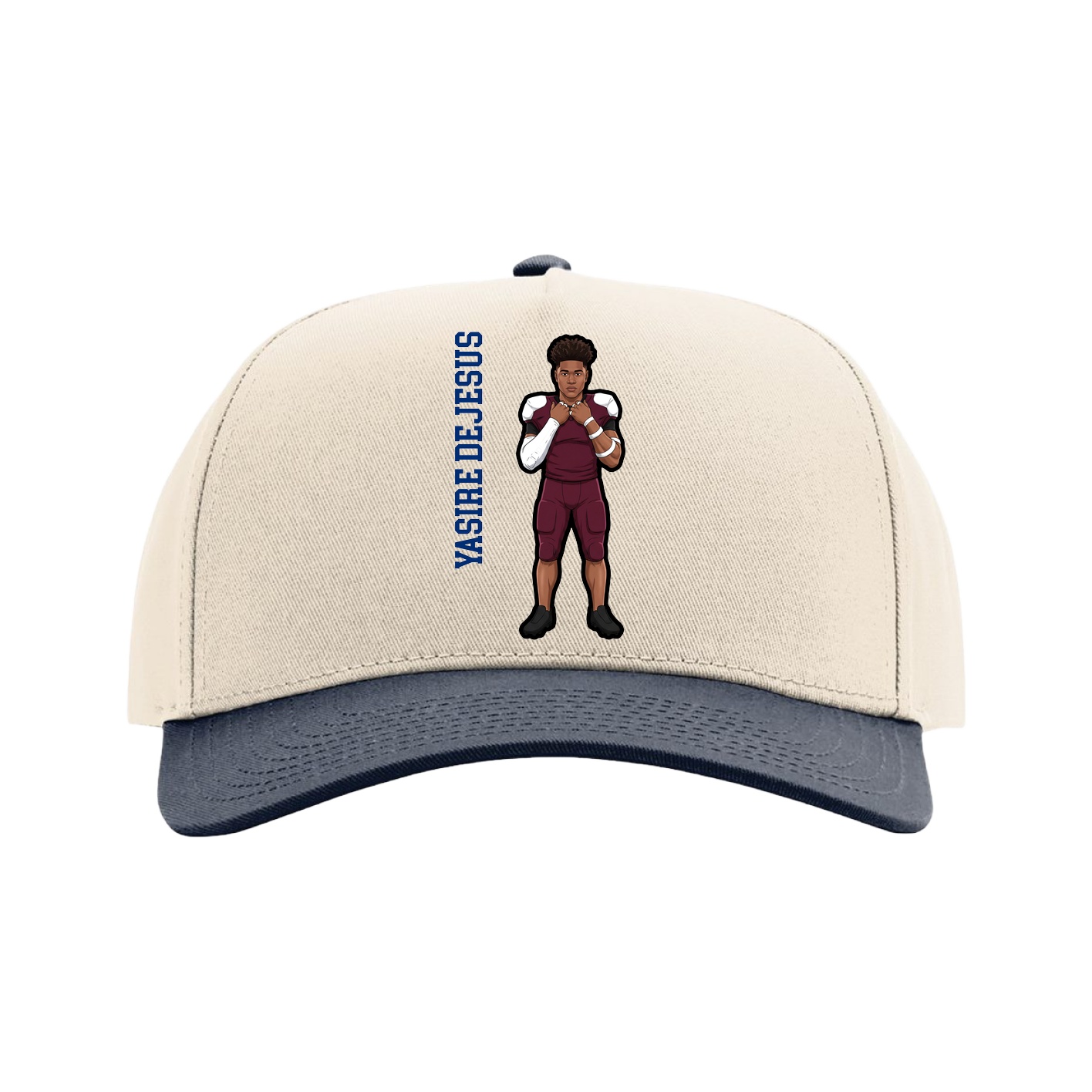 Full Fabric Five-Panel Champ Cap — Name Vertical in Cream/Navy