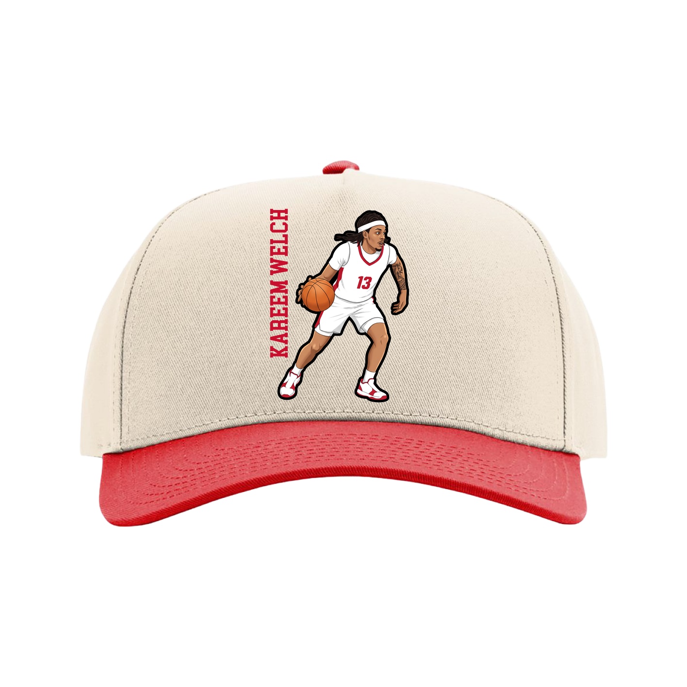 Full Fabric Five-Panel Champ Cap — Name Vertical in Cream/Red