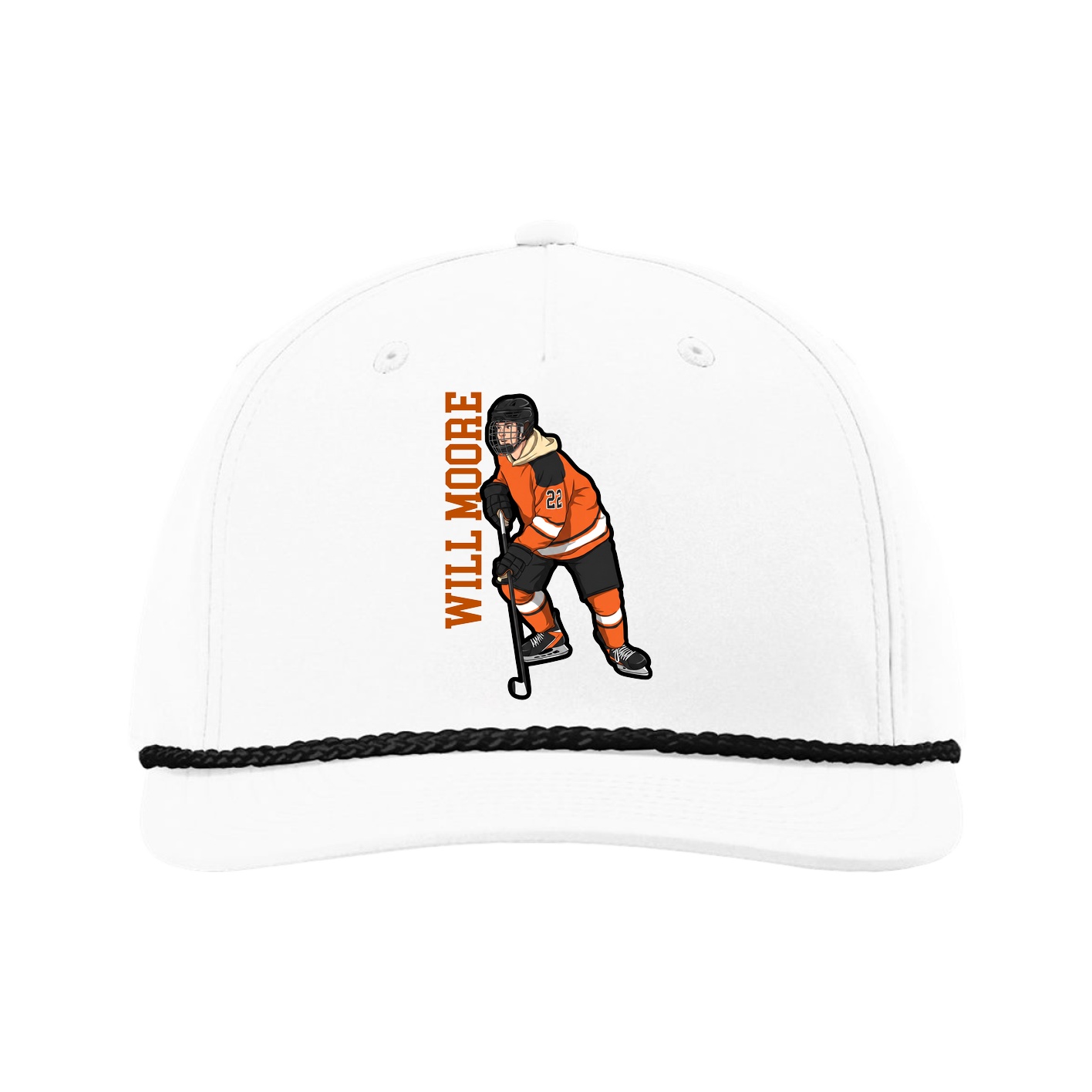 Five-Panel Classic Rope Cap — Name Vertical in White