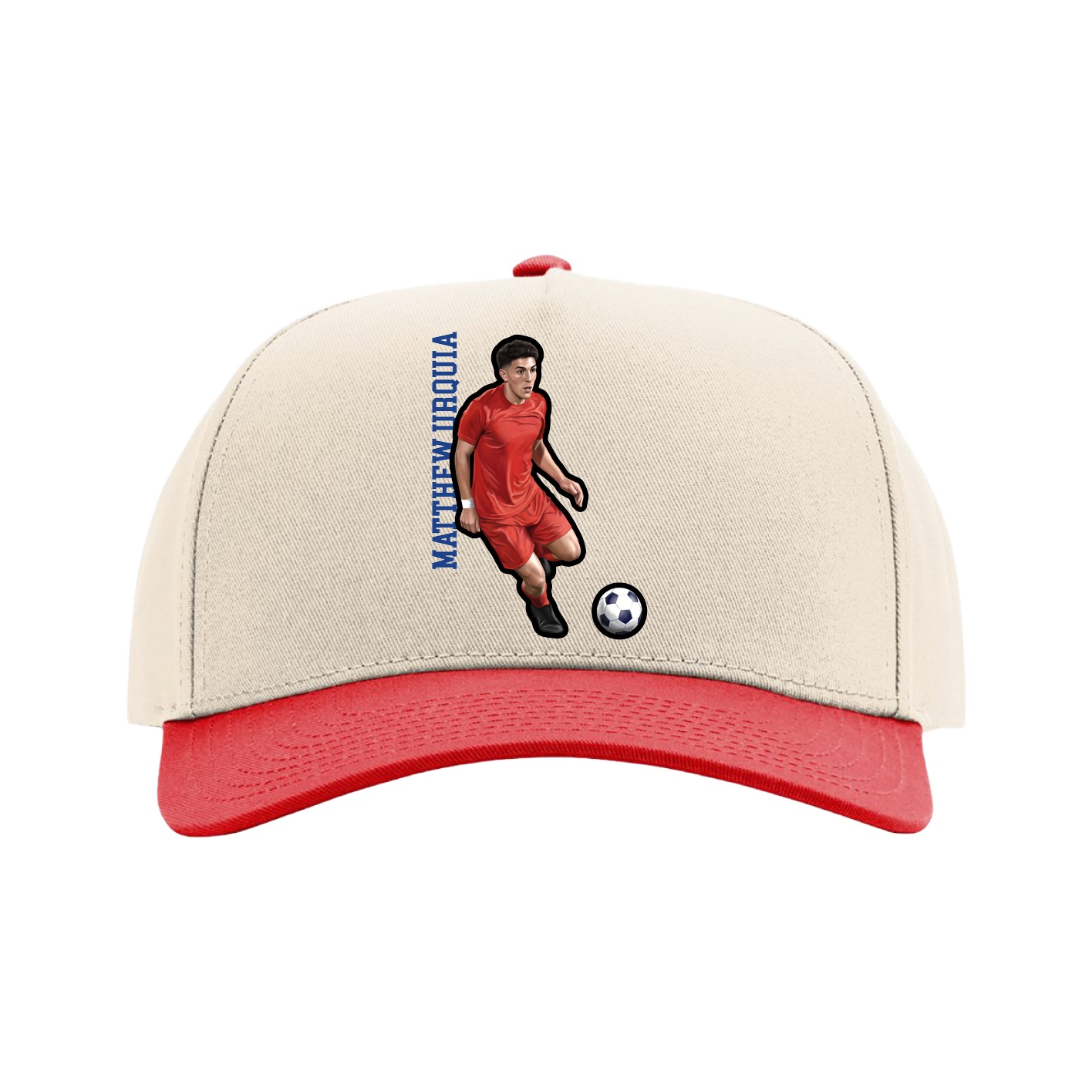 Full Fabric Five-Panel Champ Cap — Name Vertical in Cream/Red