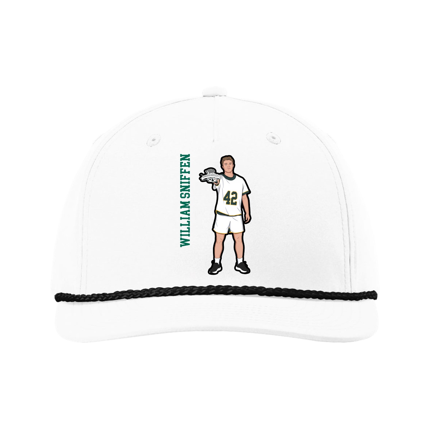 Five-Panel Classic Rope Cap — Name Vertical in White