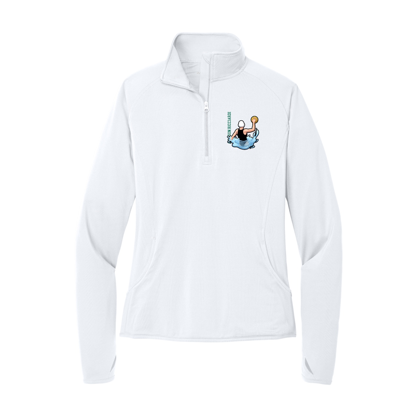 Women's Q-Zip Pullover — Name Vertical in White