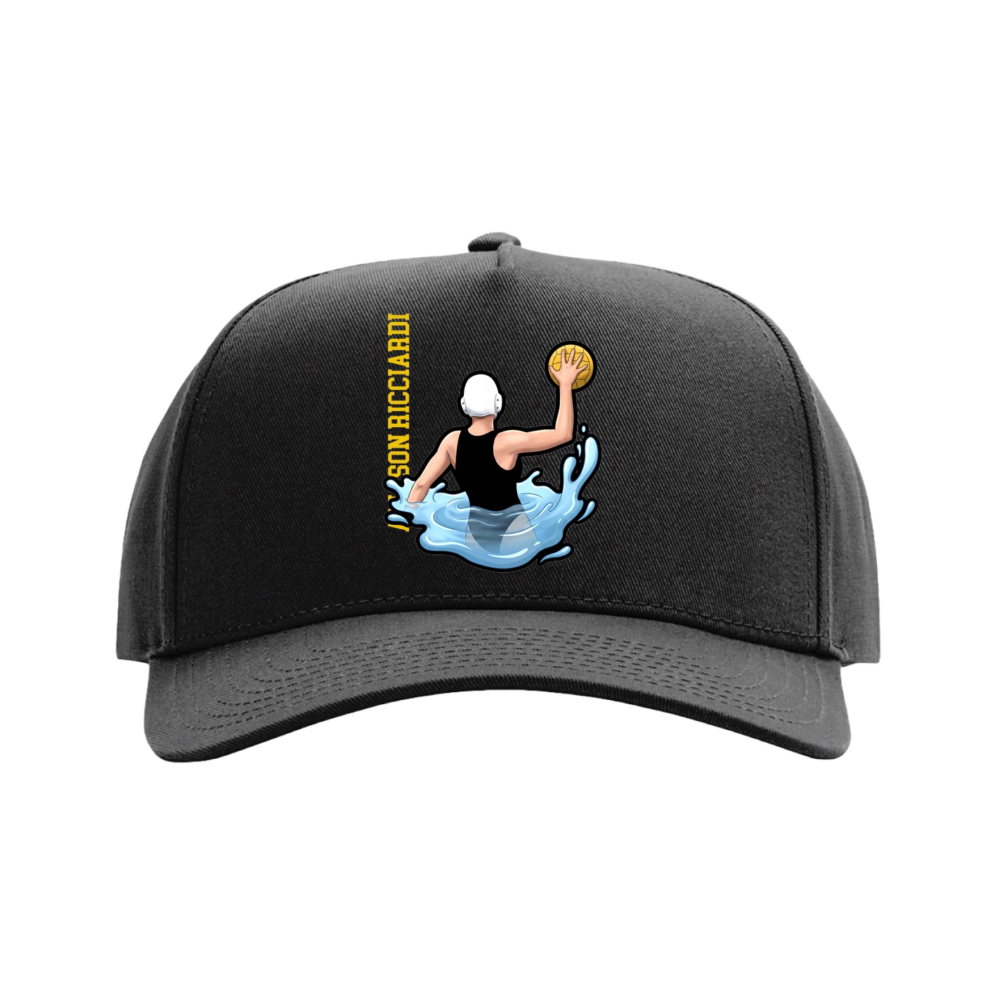 Full Fabric Five-Panel Champ Cap — Name Vertical in Black