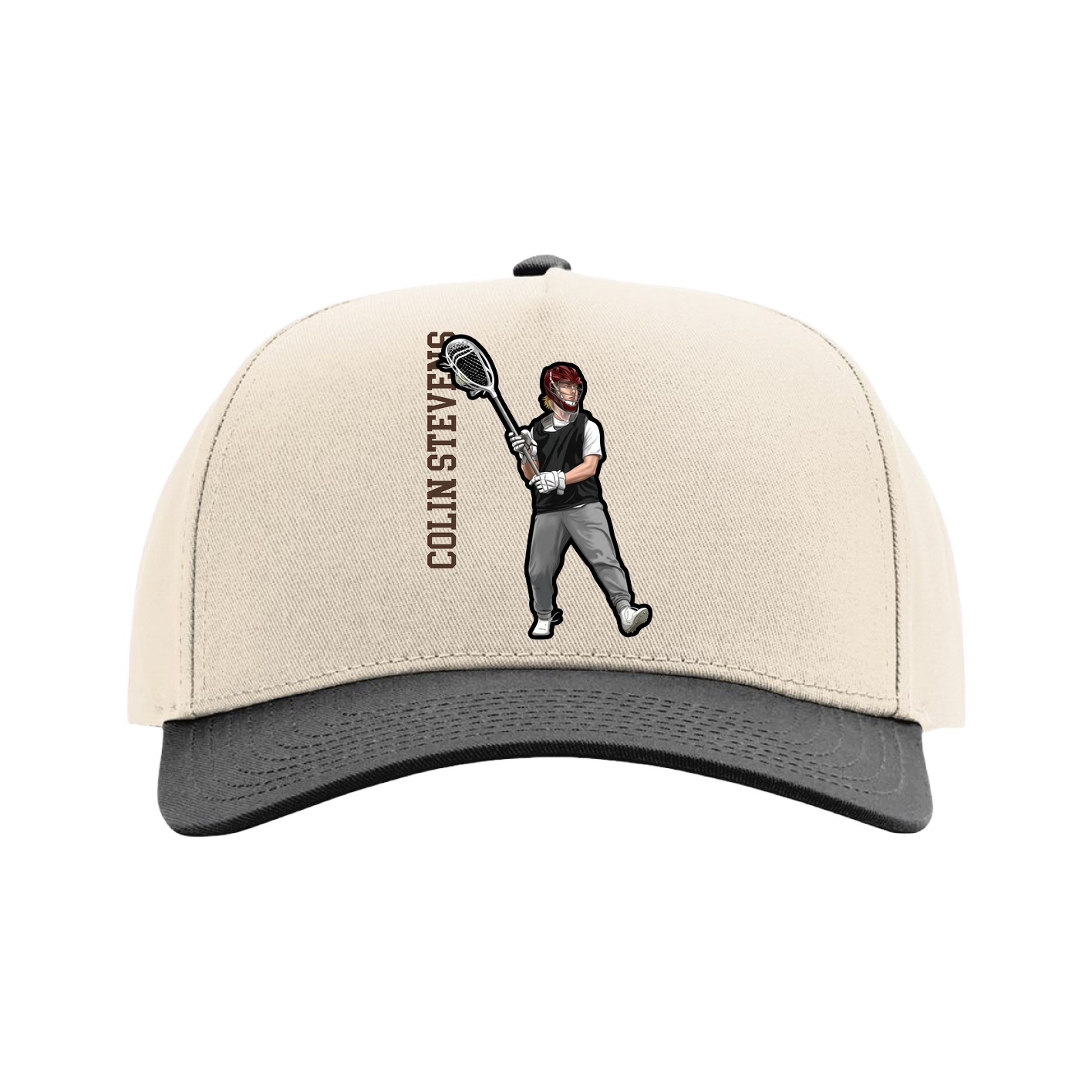 Full Fabric Five-Panel Champ Cap — Name Vertical in Cream/Black