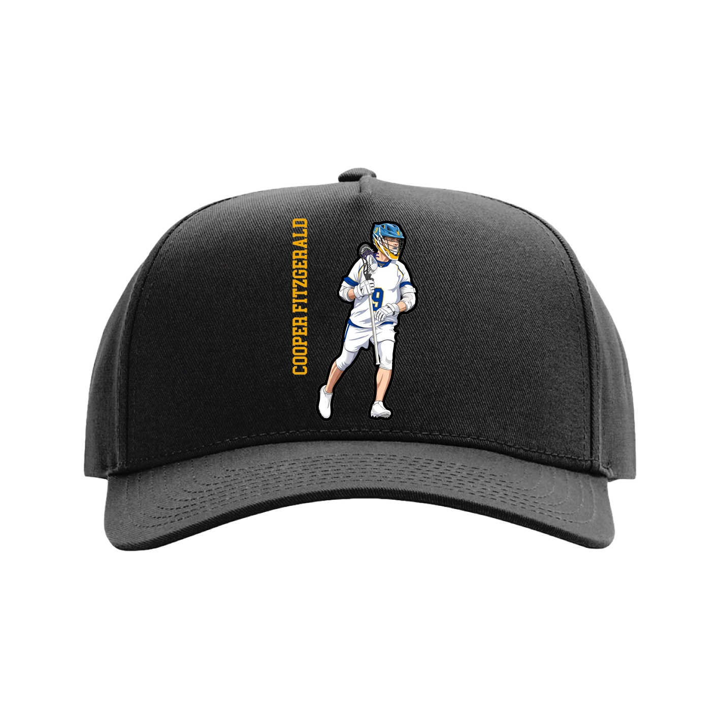 Full Fabric Five-Panel Champ Cap — Name Vertical in Black