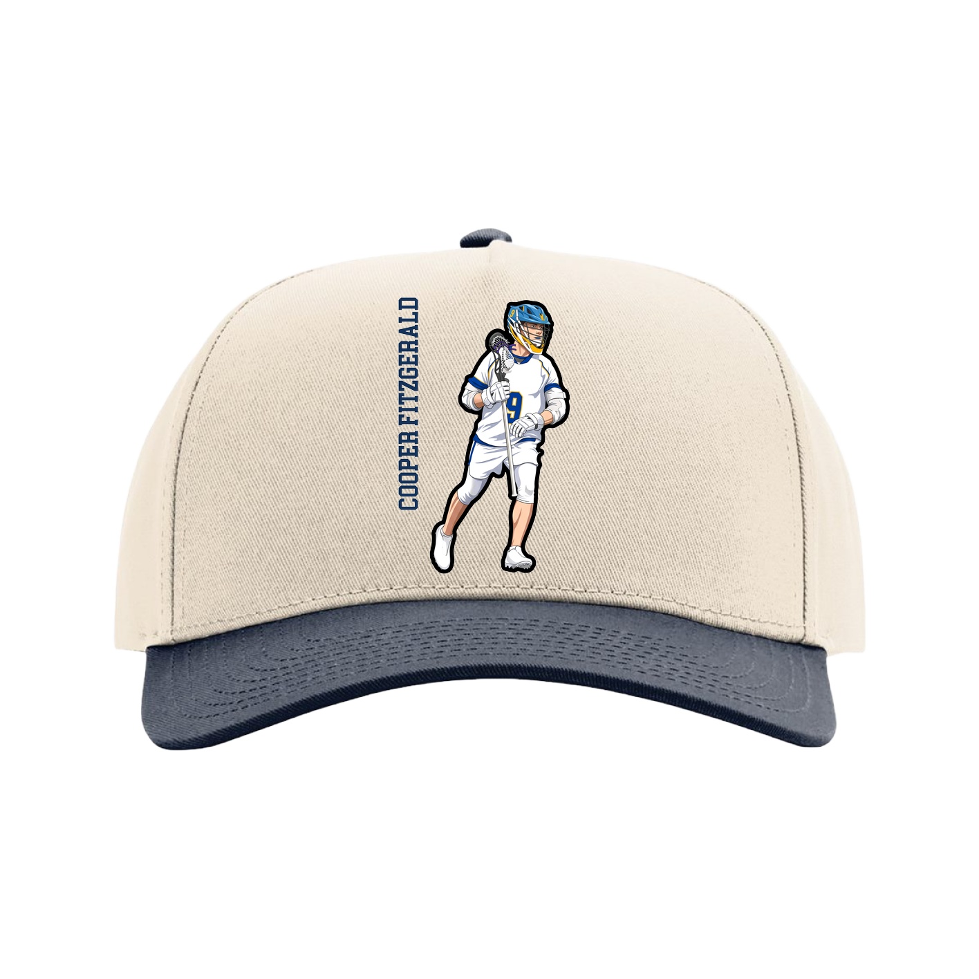 Full Fabric Five-Panel Champ Cap — Name Vertical in Cream/Navy