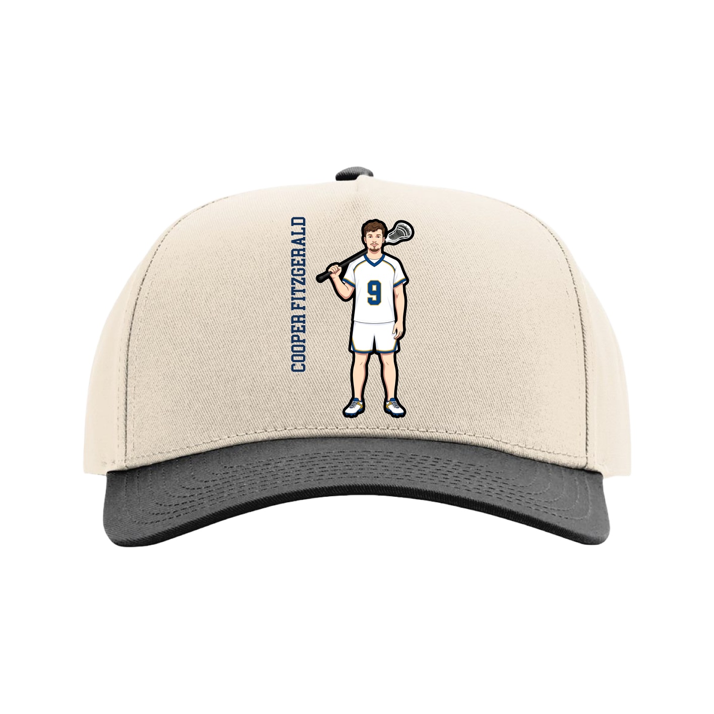 Full Fabric Five-Panel Champ Cap — Name Vertical in Cream/Black