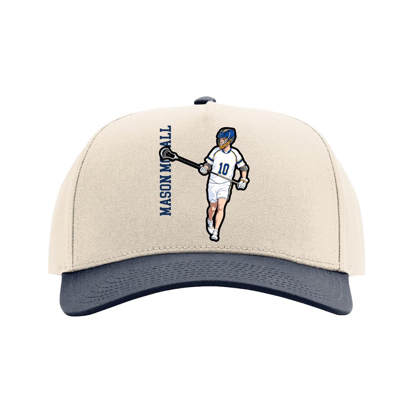 Full Fabric Five-Panel Champ Cap — Name Vertical in Cream/Navy