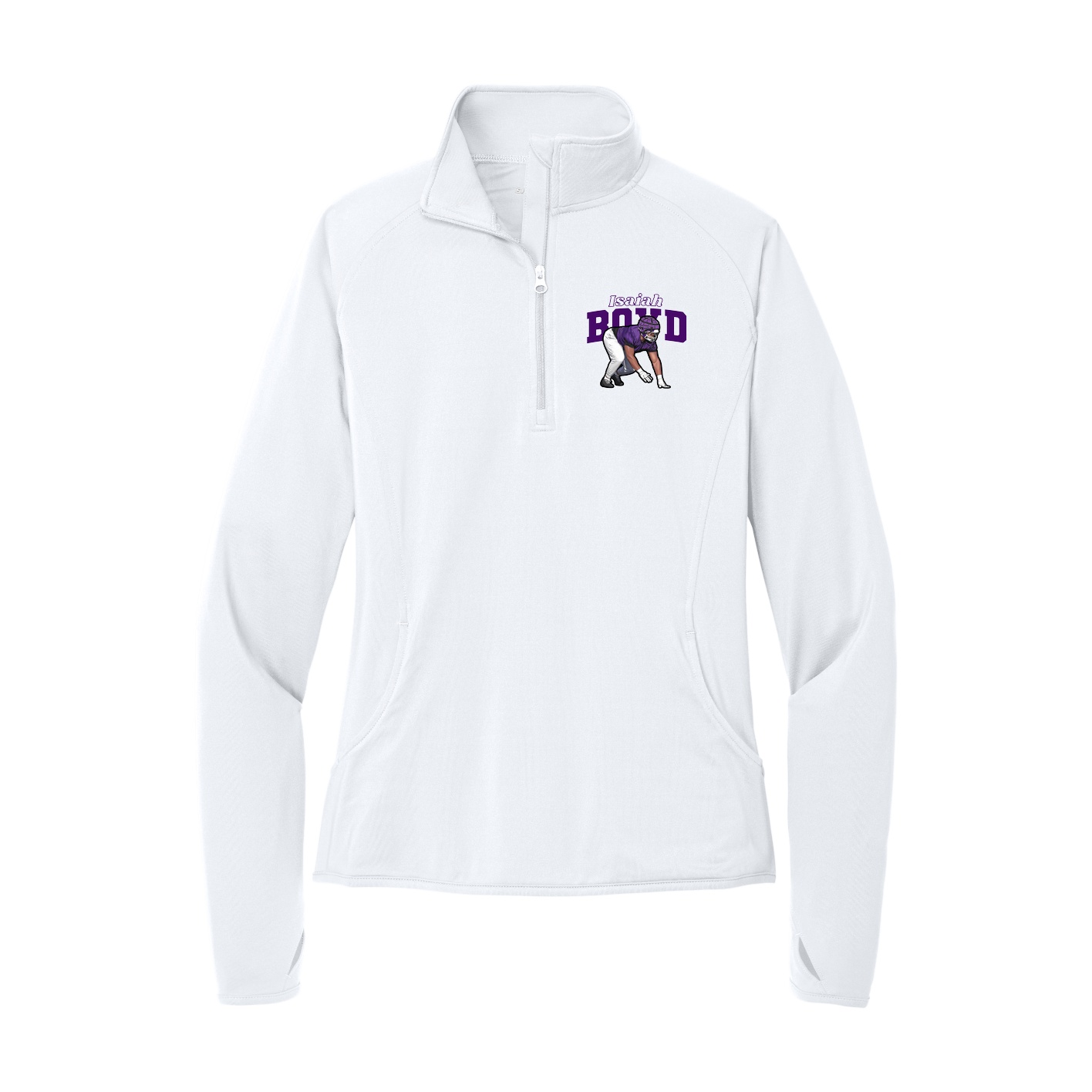 Women's Q-Zip Pullover — Name Arch in White