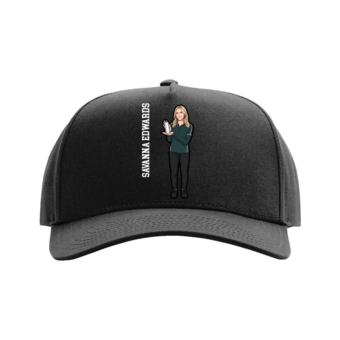 Full Fabric Five-Panel Champ Cap — Name Vertical in Black