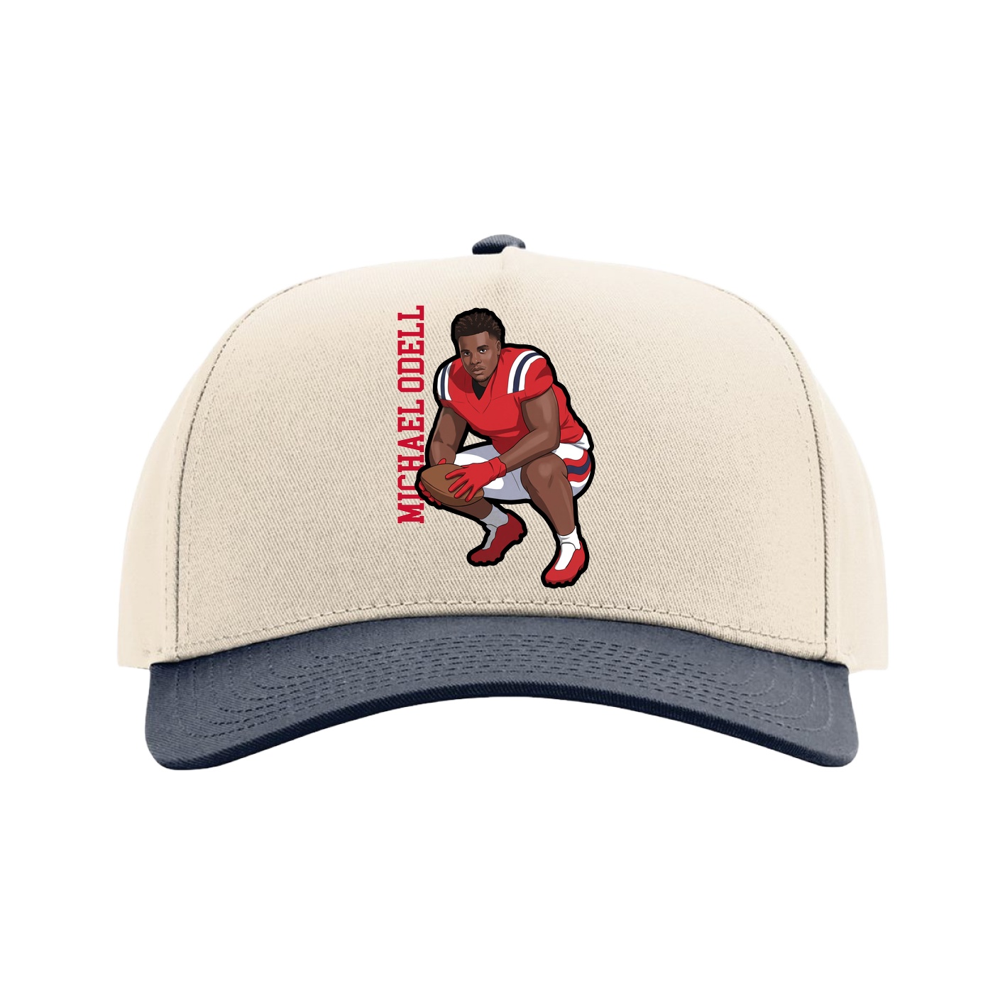 Full Fabric Five-Panel Champ Cap — Name Vertical in Cream/Navy