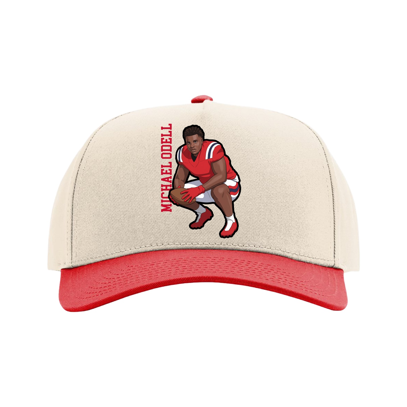 Full Fabric Five-Panel Champ Cap — Name Vertical in Cream/Red