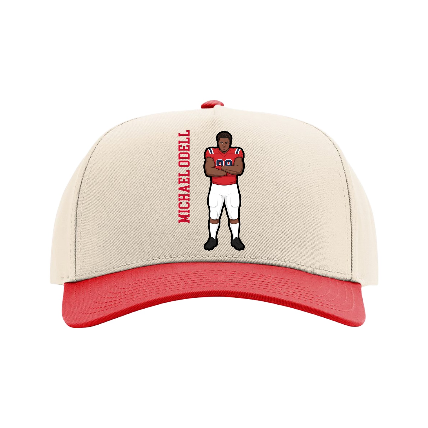 Full Fabric Five-Panel Champ Cap — Name Vertical in Cream/Red