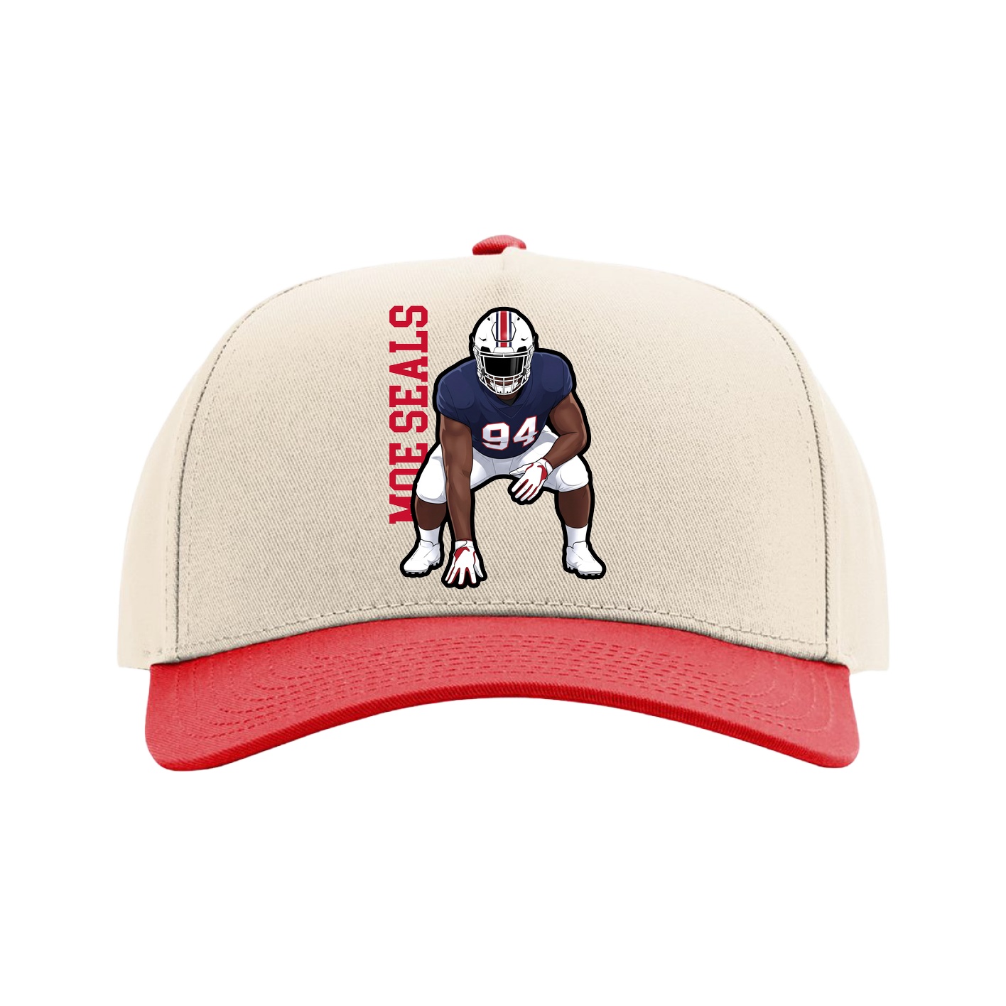 Full Fabric Five-Panel Champ Cap — Name Vertical in Cream/Red