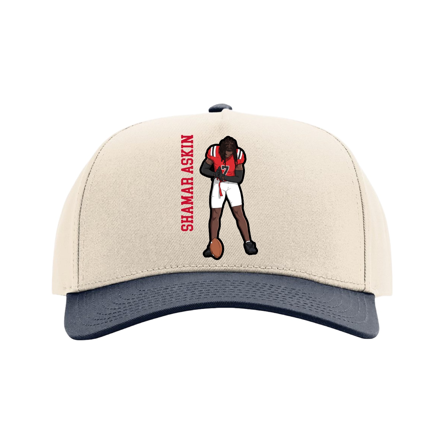 Full Fabric Five-Panel Champ Cap — Name Vertical in Cream/Navy