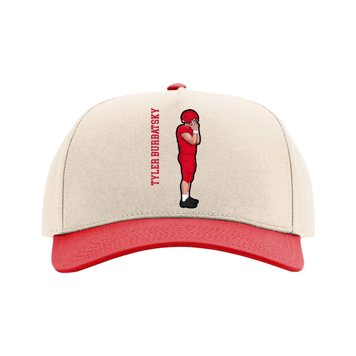 Full Fabric Five-Panel Champ Cap — Name Vertical in Cream/Red