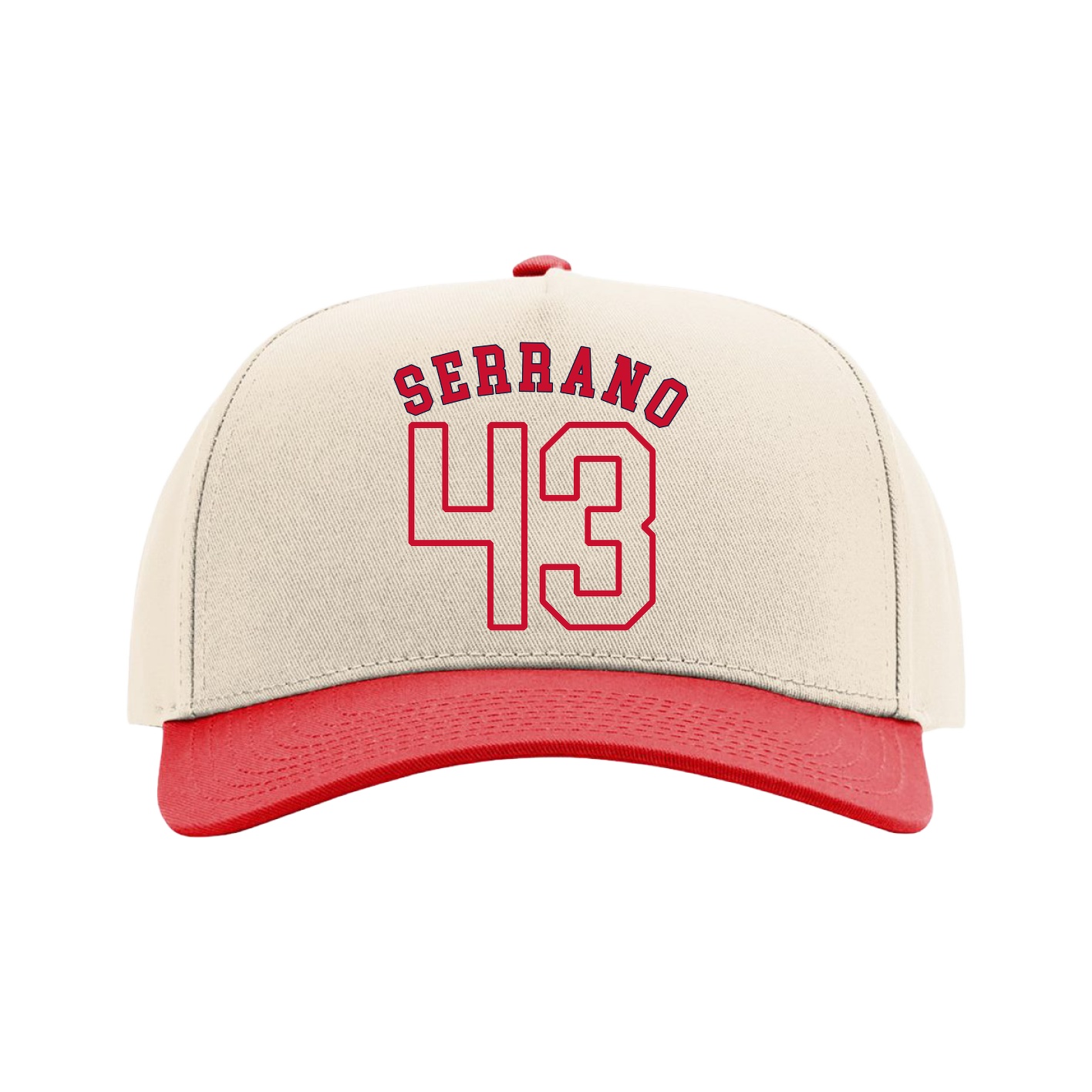 Full Fabric Five-Panel Champ Cap — Shirsey Arch in Cream/Red