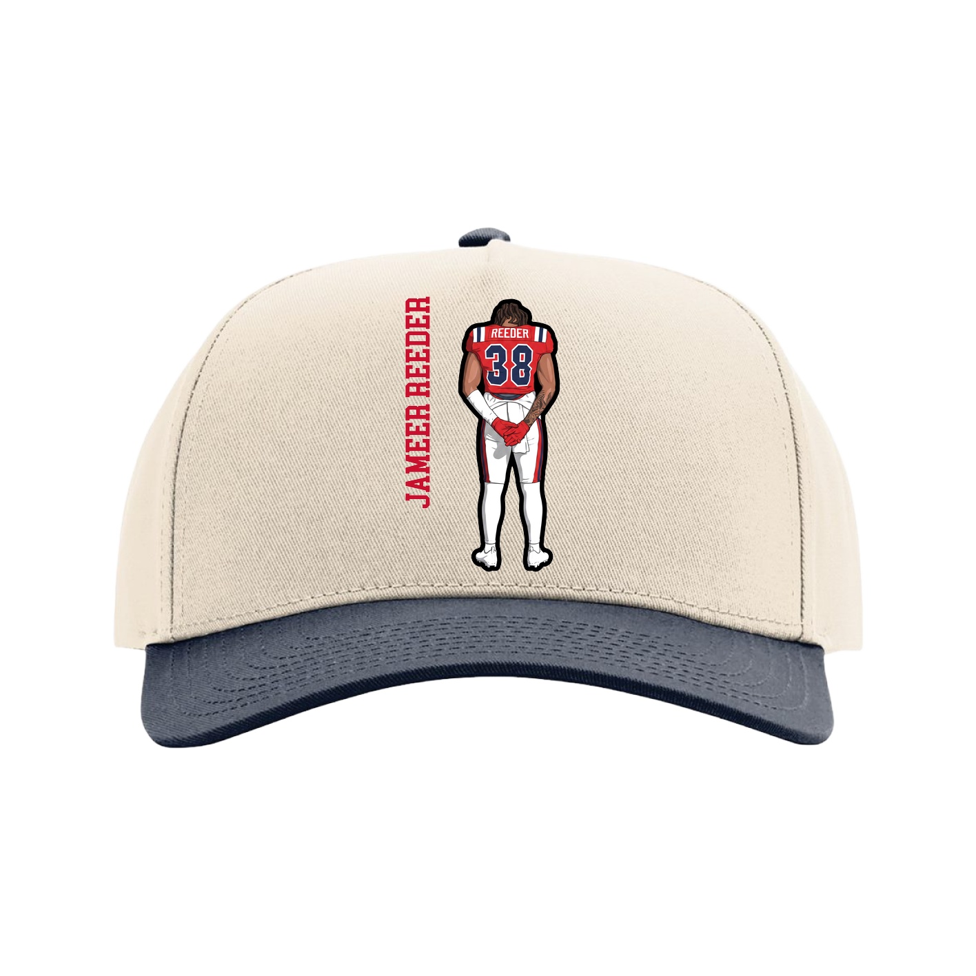 Full Fabric Five-Panel Champ Cap — Name Vertical in Cream/Navy