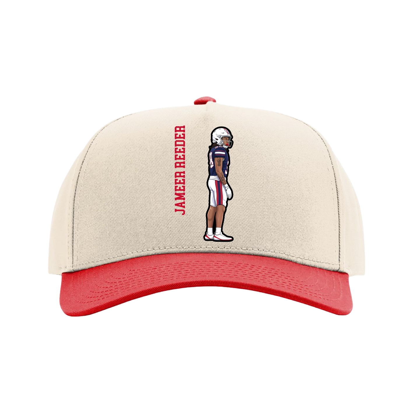 Full Fabric Five-Panel Champ Cap — Name Vertical in Cream/Red