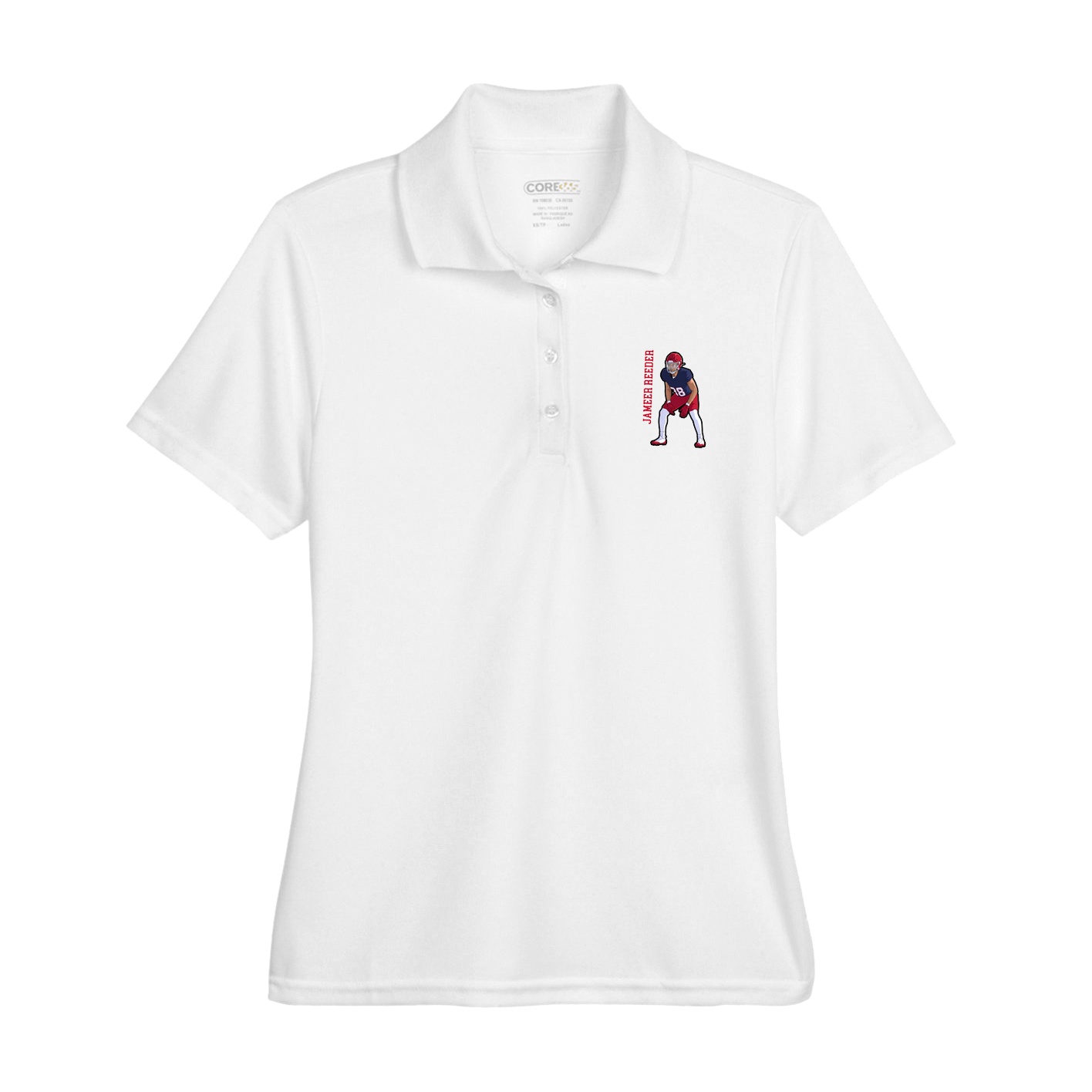Womens Performance Polo — Name Vertical in White