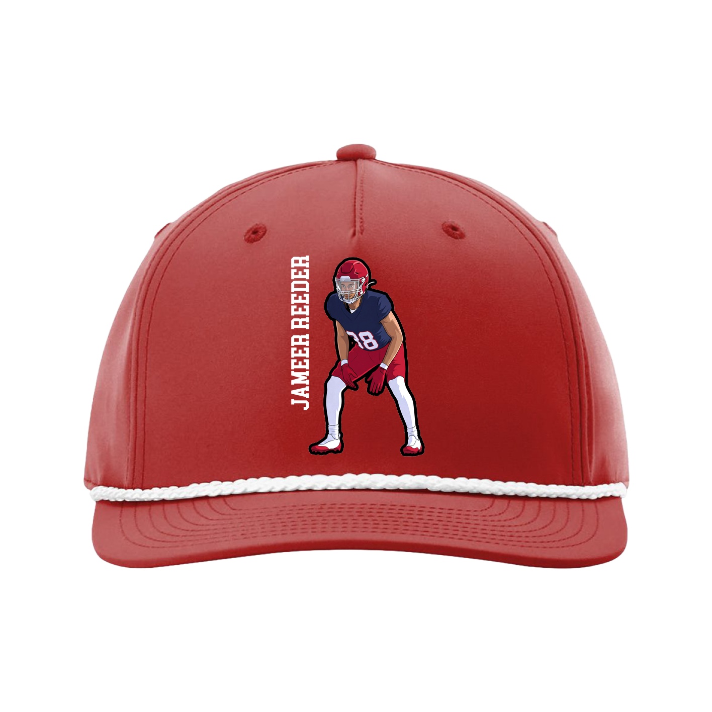 Five-Panel Classic Rope Cap — Name Vertical in Red