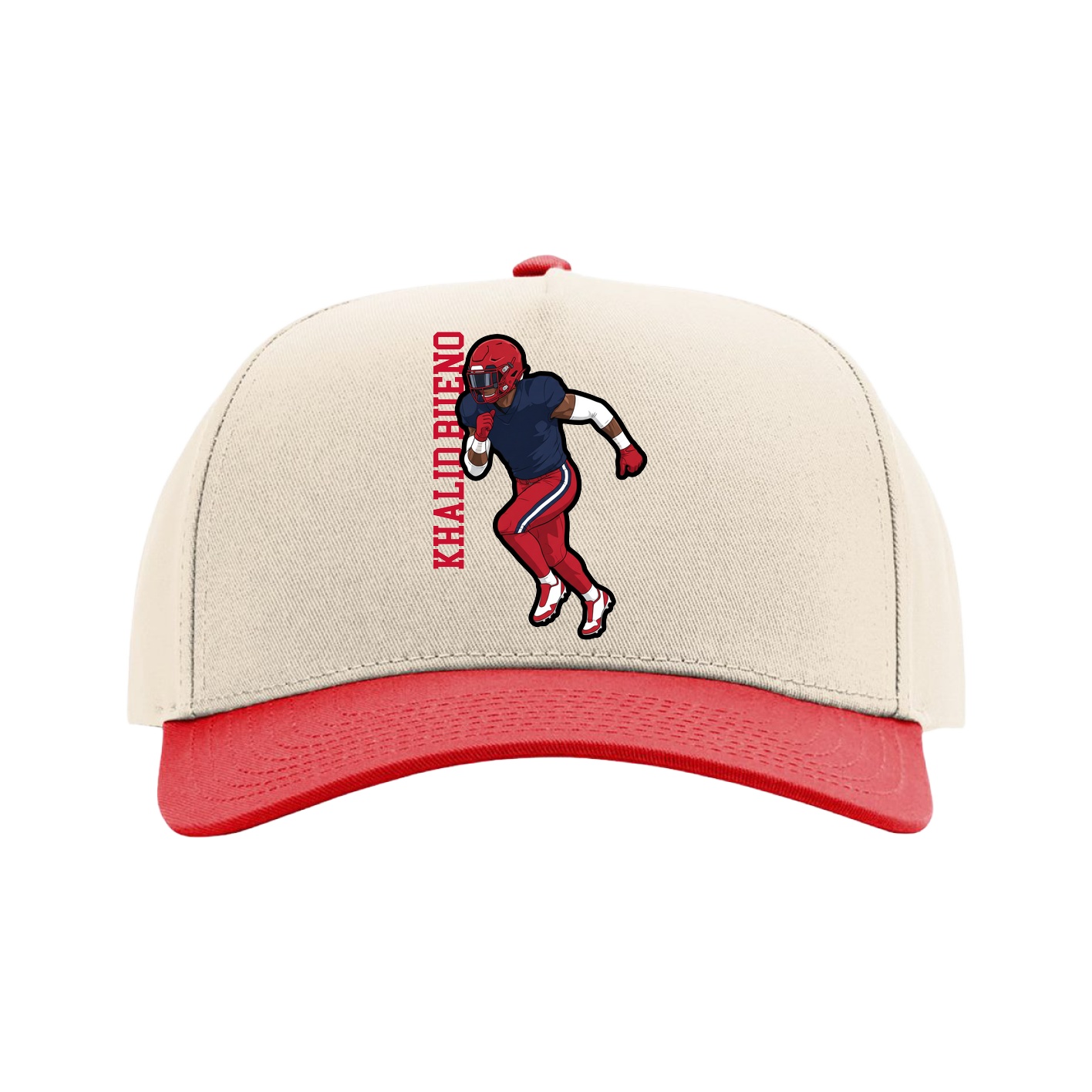 Full Fabric Five-Panel Champ Cap — Name Vertical in Cream/Red