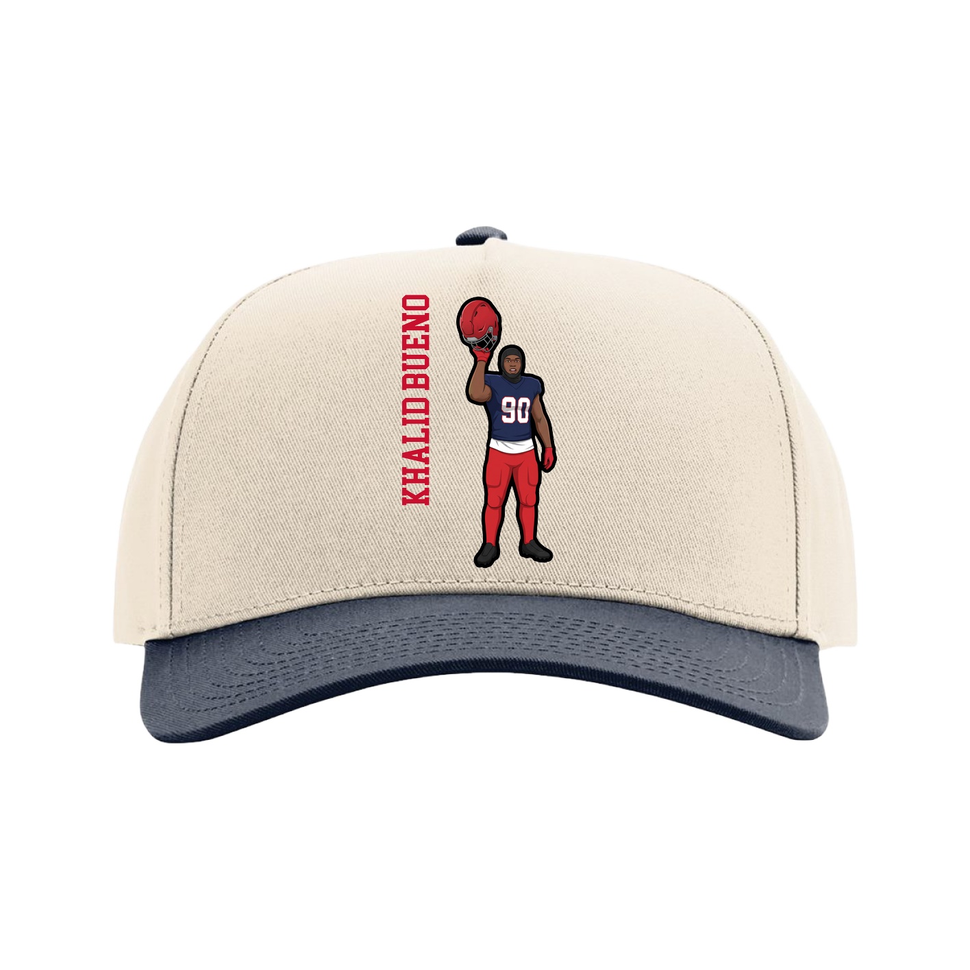 Full Fabric Five-Panel Champ Cap — Name Vertical in Cream/Navy