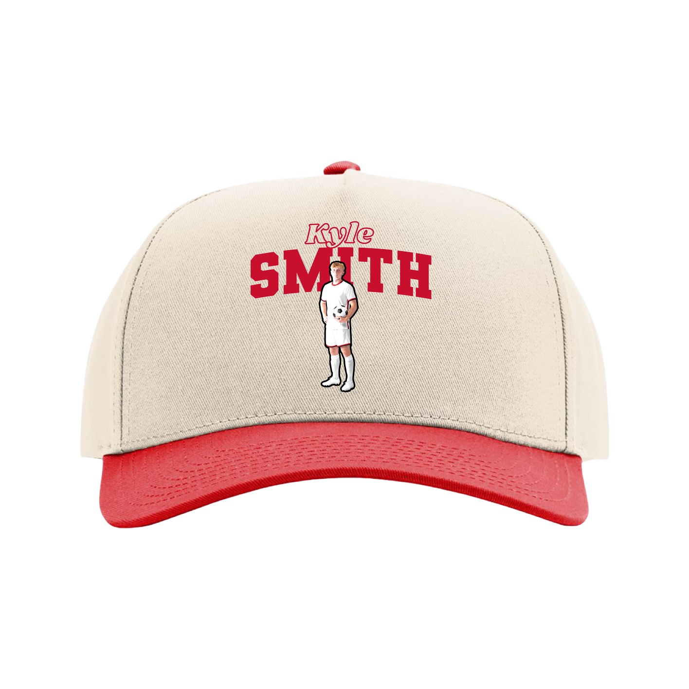 Full Fabric Five-Panel Champ Cap — Name Arch in Cream/Red