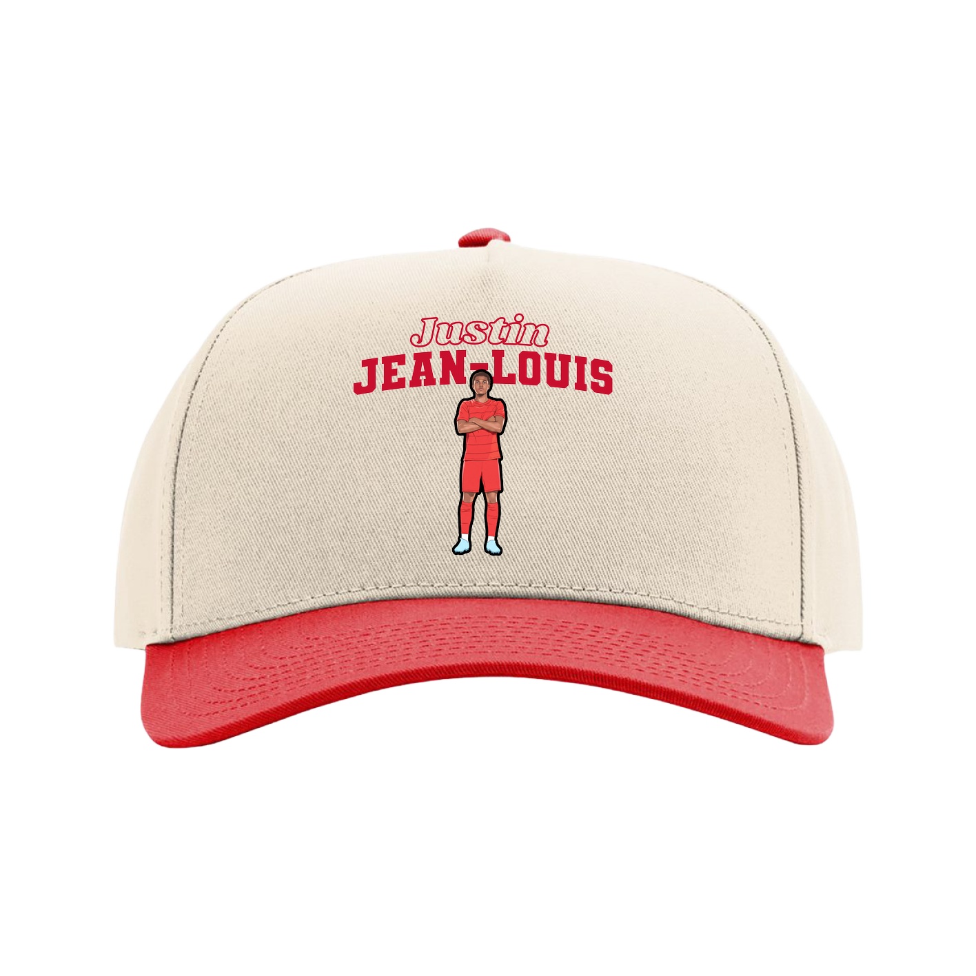 Full Fabric Five-Panel Champ Cap — Name Arch in Cream/Red