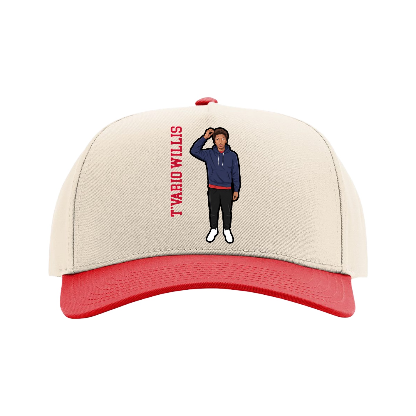 Full Fabric Five-Panel Champ Cap — Name Vertical in Cream/Red