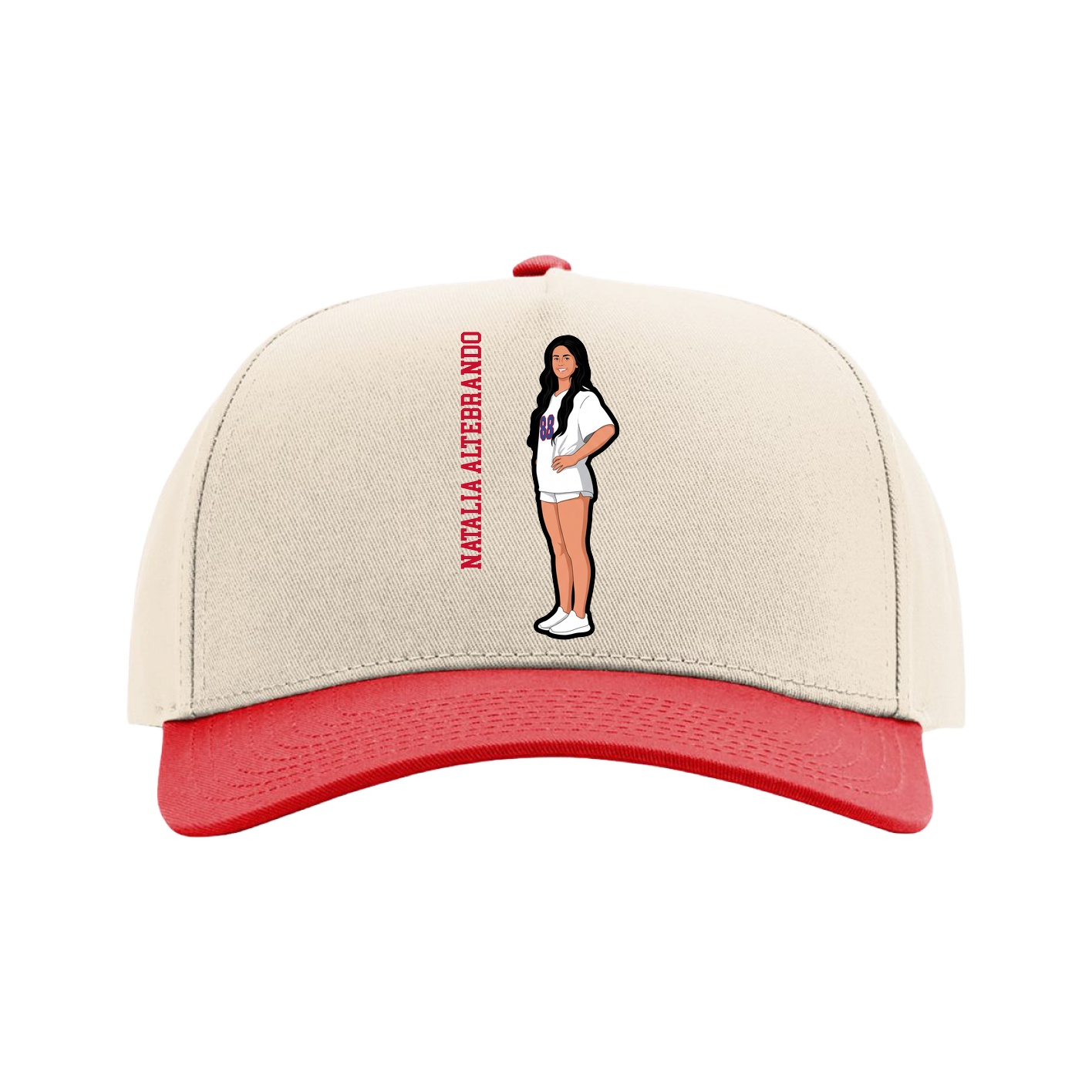 Full Fabric Five-Panel Champ Cap — Name Vertical in Cream/Red
