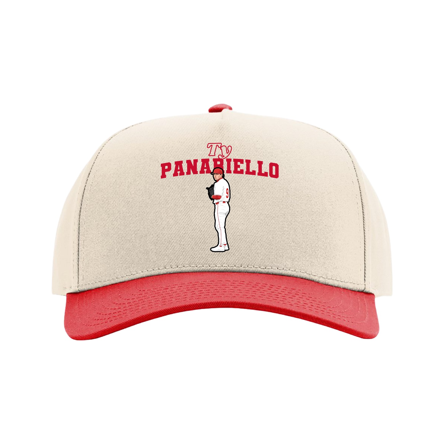 Full Fabric Five-Panel Champ Cap — Name Arch in Cream/Red